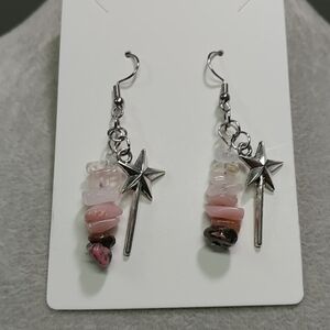 Wand Earrings Natural Gemstone Rose Quartz Rhodonite Pink Opal Crystal Chip Bead